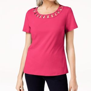 XXL Steel Rose Karen Scott Hardware Embellished Cut-out Neckline Tee